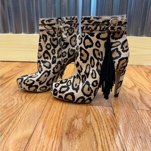 Sam Edelman Calf Hair Leopard Print Ankle Boots with Fringe